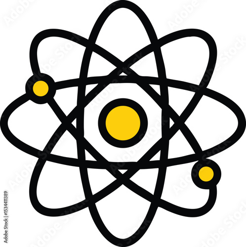 A stylized atomic structure design perfect for science logos branding and educational materials featuring a bold yellow nucleus and orbiting electrons.