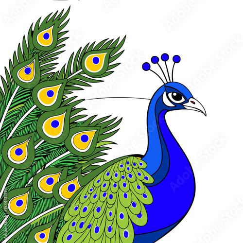 Stylized peacock displaying its colorful feathers in a vibrant and simple design with no background