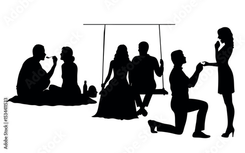 Vector art of silhouette vector art depicts three romantic scenes a couple sharing a picnic, another on a swing, and a marriage proposal, isolated on white background