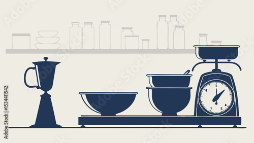Minimalist kitchen cooking and baking essentials. Home food preparation with scale, mixing bowls, and pantry items.