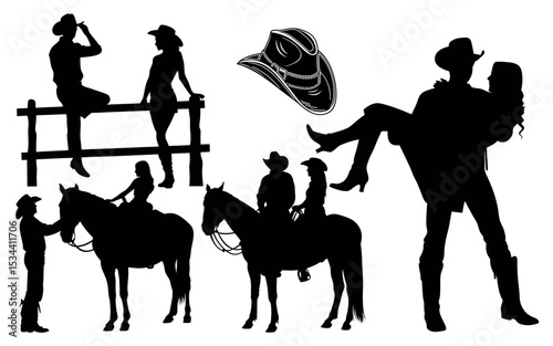 Vector art of silhouette vector art of cowboys and cowgirls, some on horseback, others embracing, isolated on white background