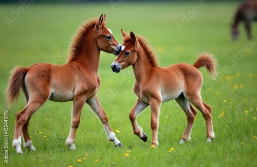 Two adorable dun Konik foals frolic in rich green meadow. These young horses from free-range herd show playful behavior, showcasing beauty of wildlife. Cute animals, spring season, fun outdoors.
