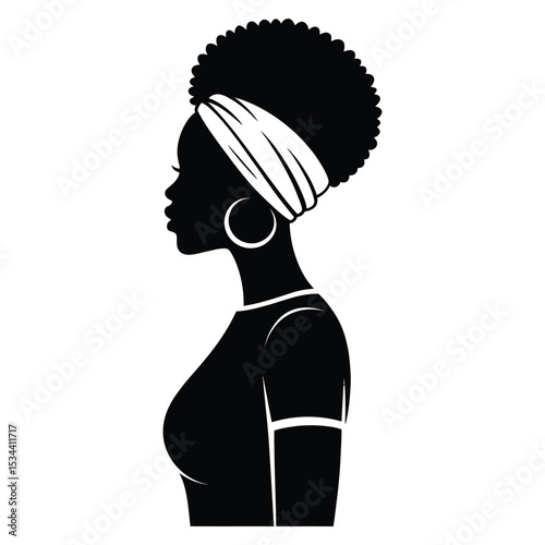 Black and white silhouette of an African woman in profile with Afro hairstyle and headwrap