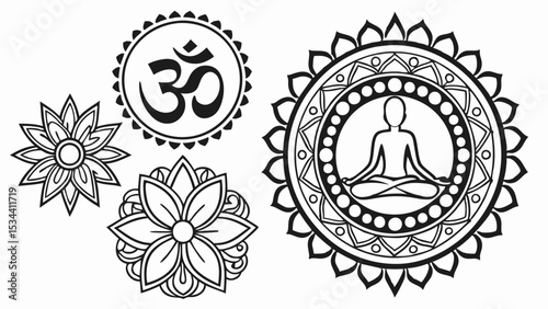 Yoga Meditation Spiritual Symbols Set. Om, Lotus Flower, Meditating Person Mandala Design. Wellness Icons Collection.