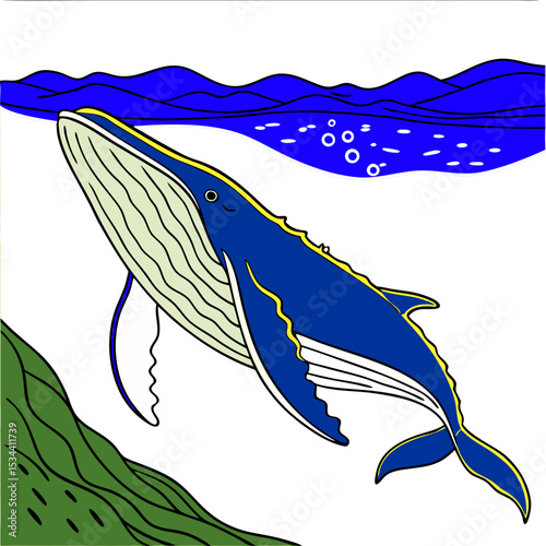 Friendly humpback whale swimming in a simple ocean scene with blue waves and green seaweed