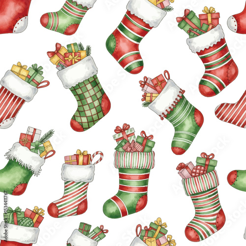 Watercolor Christmas Stockings with Gifts Seamless Pattern