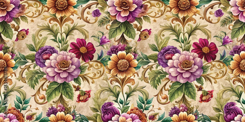 Vibrant floral wallpaper pattern with golden accents and rich colors.