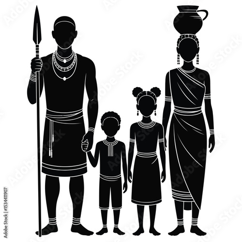 Black silhouette illustration of a traditional African family symbolizing unity, heritage, and cultural strength