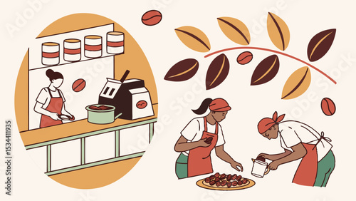 Coffee production and cafe business illustration. Baristas and workers processing coffee beans and making drinks.