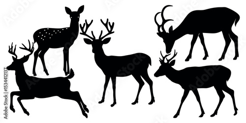 Vector art of five elegant deer silhouettes, isolated on white background, showcase a buck, a doe, and three additional deer in various poses