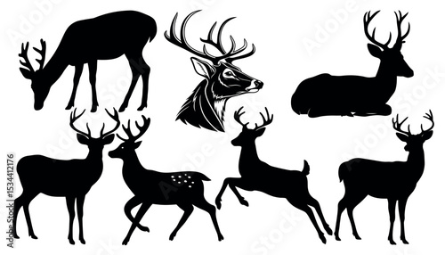Vector art of a collection of majestic deer silhouettes, isolated on white background, showcasing various poses and antler styles in elegant black vector art