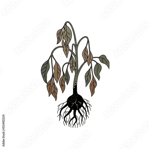 Wilted plant with dead roots, symbolizing neglect or drought.