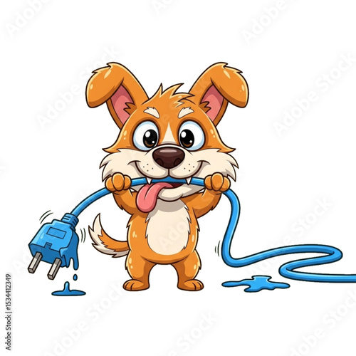 Puppy chewing electric cord, representing danger or pet behavior.