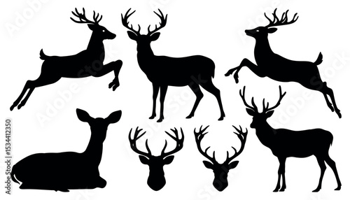 Vector art of a collection of elegant black deer silhouettes, isolated on white background, showcasing various poses and antler variations