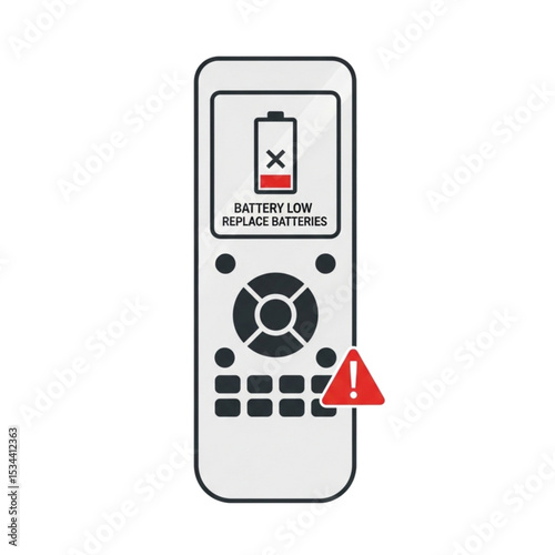 Remote control with battery low alert, symbolizing power issue.