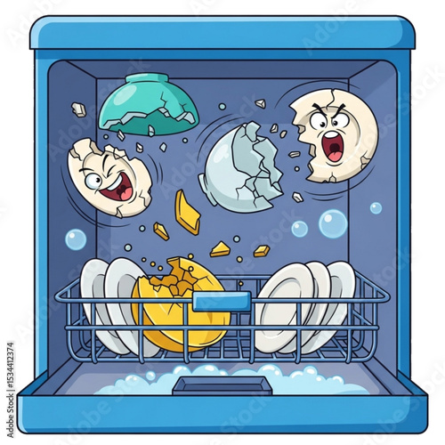 Dishwasher with noisy contents, symbolizing chaotic kitchen or overload.