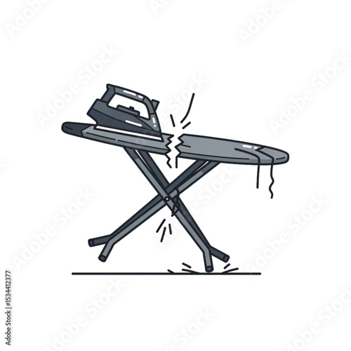 Broken ironing board with dripping iron, symbolizing hazard or accident.