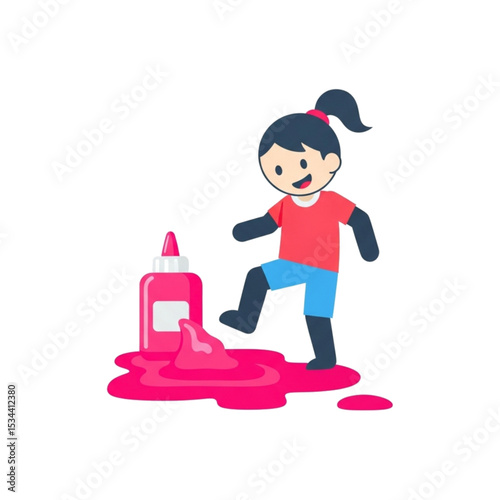 Child stepping on glue, symbolizing mess or sticky situation.