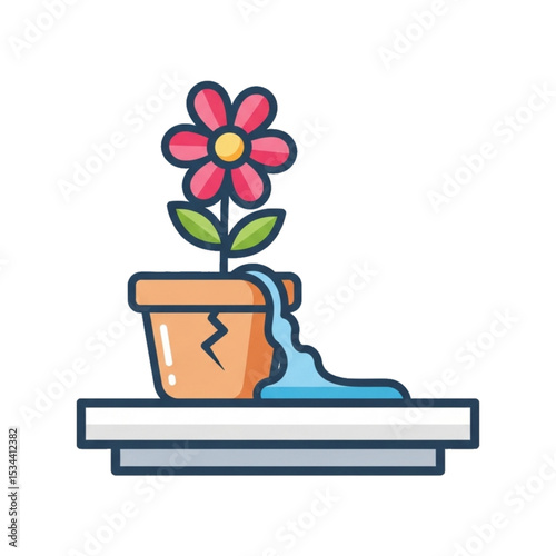 Plant pot with overflowing water, symbolizing overwatering or neglect.