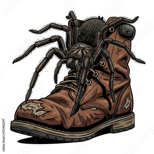 Spider crawling on shoe, symbolizing fear or pest surprise.
