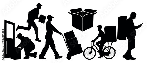Vector art of silhouetted delivery workers in various actions, isolated on white background, showcasing package handling, transport, and delivery methods