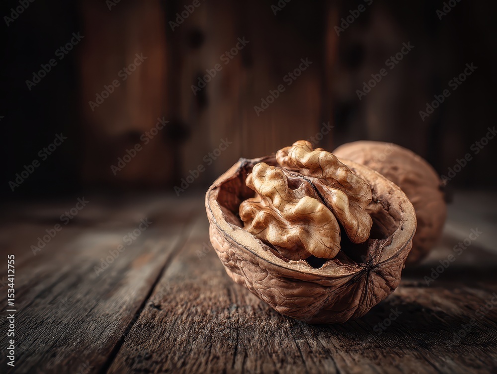 Fototapeta premium Close-up of a walnut in a cracked on a rustic wooden surface with a dark wooden background