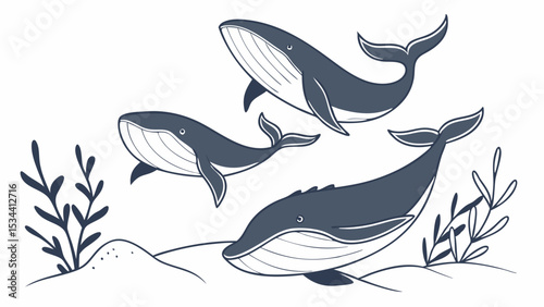 Pod of whales swimming gracefully underwater in the vast ocean. Majestic marine mammals in their natural habitat.