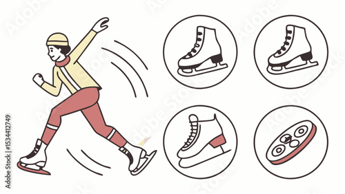 Dynamic ice speed skater in action, winter sport and recreation concept. Collection of ice skates and sports equipment.