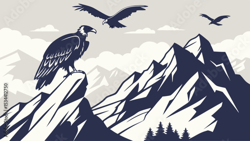Majestic bird of prey on mountain peak, flying eagles in sky. Nature wildlife wilderness landscape vector illustration.