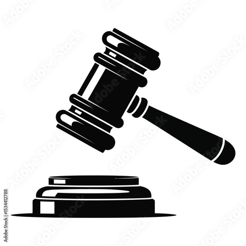 Bold black and white silhouette of a judge’s gavel striking a block, symbolizing justice and authority