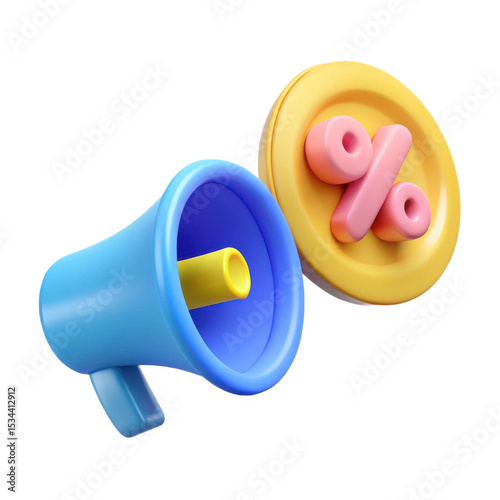 3d megaphone and percentage sign isolated on white background