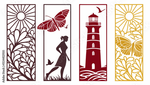 Set of decorative bookmarks with nature designs. Sun, butterfly, woman, lighthouse, floral patterns. Laser cut vector illustration.