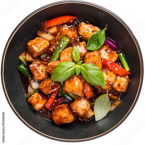 Delicious and colorful kung pao tofu served in a black bowl isolated