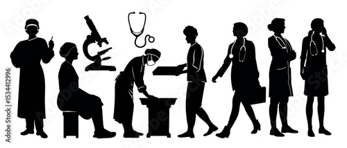 Vector art of a stark black and white vector illustration of medical professionals, isolated on white background, showcasing various medical tools and equipment