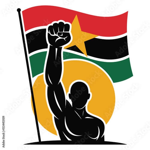 Bold silhouette of a raised fist and figure before a Pan-African flag with sun symbolism for pride and liberation
