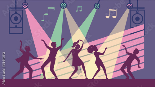 Silhouettes of people dancing at a disco club party with colorful spotlights. Energetic music event and fun celebration.