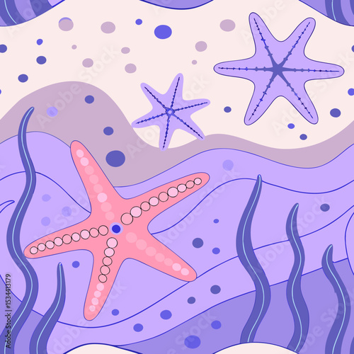 Whimsical starfish and wavy sea plants pattern in shades of pink and purple on a soft background