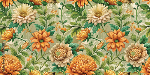 Vibrant floral pattern featuring orange and cream flowers on a soft green backdrop.
