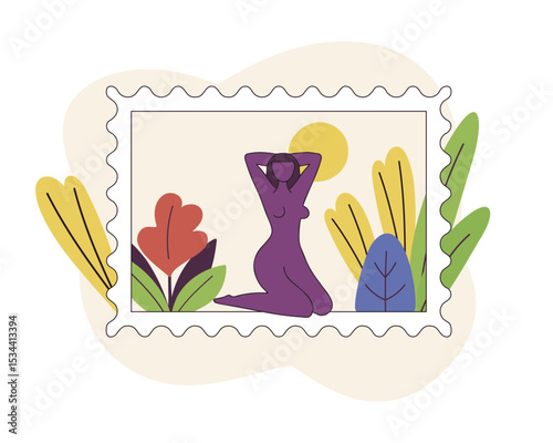 Stamp with Woman and Flowers under Sun for a Bright Nature Theme Vector illustration