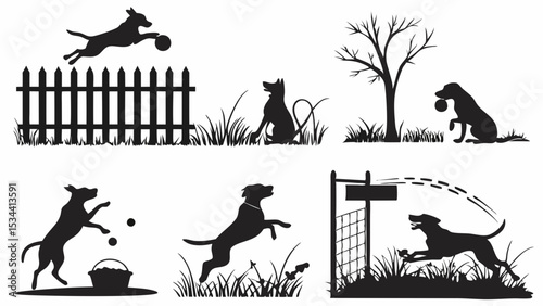 Dogs Playing Outdoors Silhouette Set. Happy Pet Activities. Black Canine Silhouettes in Park and Yard.