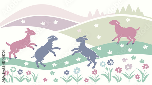 Playful cartoon goats frolicking in a vibrant spring meadow with colorful flowers and rolling hills vector illustration.
