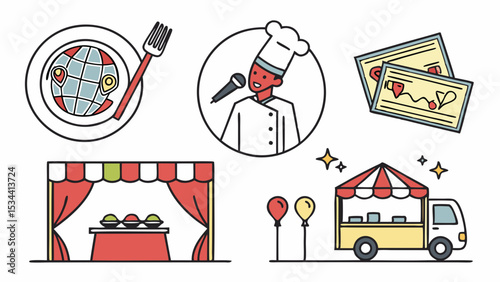 Event planning and food festival icons. Culinary show, chef, food truck, stage, tickets, global cuisine concept.
