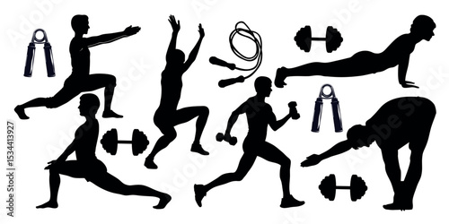 Vector art of a series of vector silhouettes depicting various fitness exercises, including lunges, squats, planks, and jogging, isolated on white background