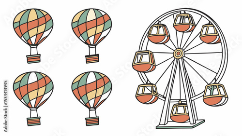 Hot Air Balloons and Ferris Wheel Hand Drawn Illustration. Amusement Park Carnival Rides and Attractions Vector Set.