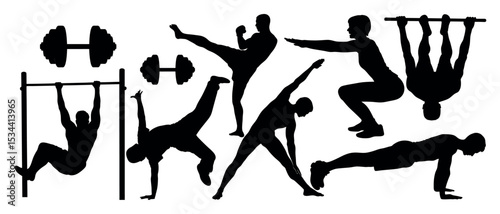 Vector art of a dynamic collection of vector silhouettes showcases diverse fitness exercises, isolated on white background