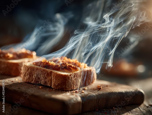 Hot sizzling grilled steak with smoky aroma on rustic wooden board with rising steam and flavorful crust