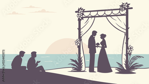 Beach wedding ceremony at sunset with bride and groom. Romantic outdoor marriage celebration by the ocean.
