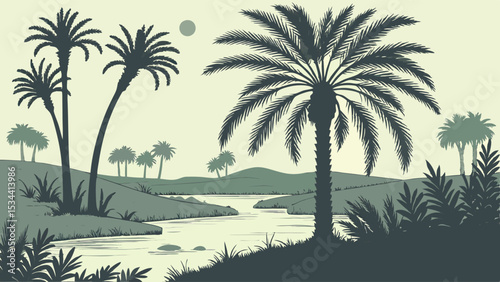 Desert oasis landscape with palm trees and river. Tropical nature silhouette vector illustration.