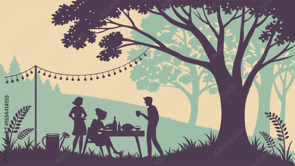 Friends enjoying an outdoor summer evening dinner party under a tree with string lights. Relaxing picnic in nature. Friends enjoying an outdoor summer evening dinner party under a tree with string lights. Relaxing picnic in nature.
