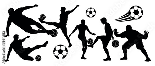 Vector art of dynamic silhouettes of soccer players in action, isolated on white background, showcasing a variety of kicks, passes, and a diving save